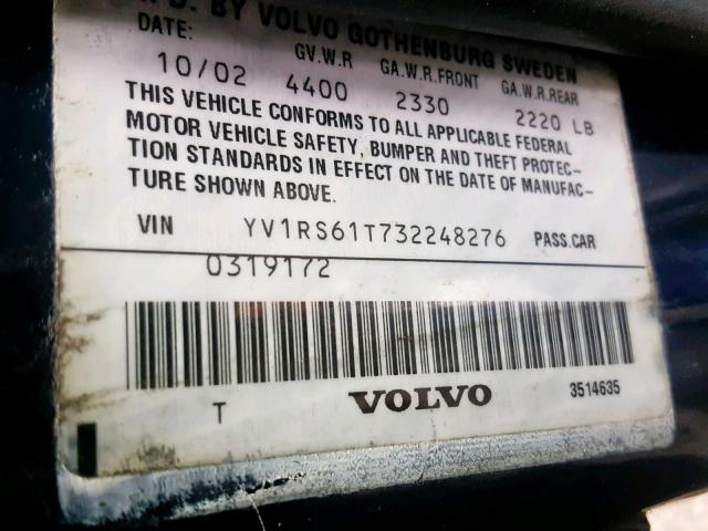 YV1RS61T732248276 - 2003 VOLVO S60 GRAY photo 10