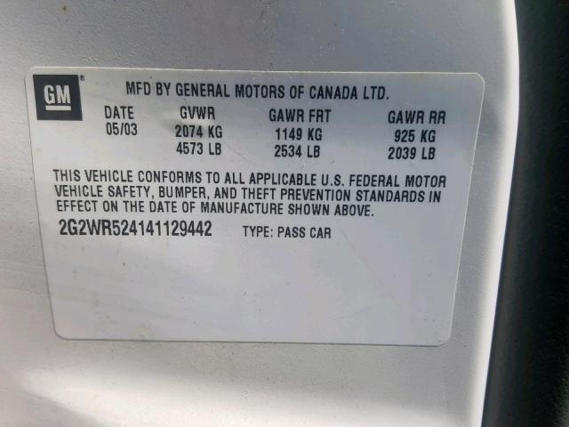 2G2WR524141129442 - 2004 PONTIAC GRAND PRIX Սպիտակ լուսանկար 10