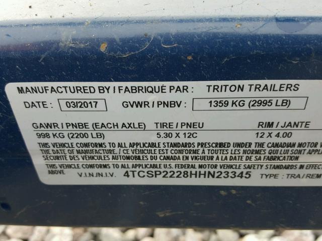 4TCSP2228HHN23345 - 2017 TRIT TRAILER BLUE photo 10