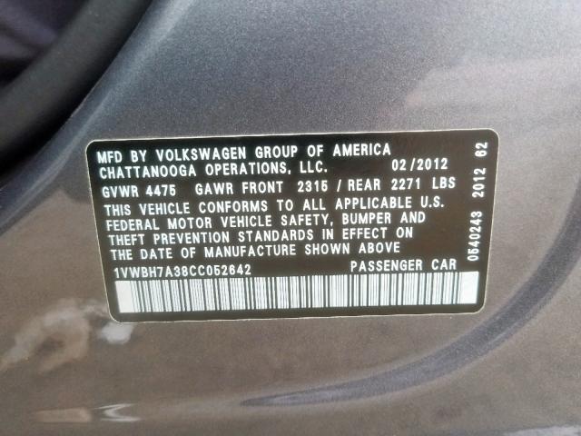 1VWBH7A38CC052642 - 2012 VOLKSWAGEN PASSAT SE GRAY photo 10