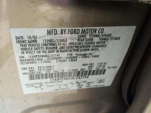 1FAHP24W08G147744 - 2008 FORD TAURUS SEL TAN photo 10