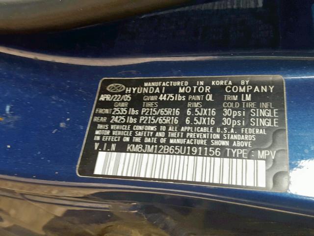 KM8JM12B65U191156 - 2005 HYUNDAI TUCSON GL BLUE photo 10