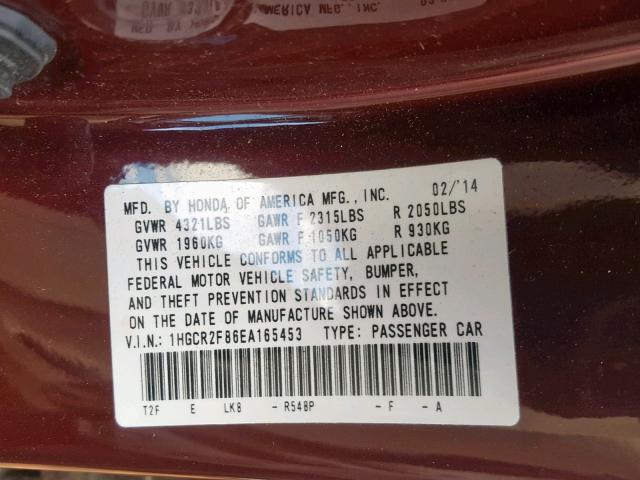 1HGCR2F86EA165453 - 2014 HONDA ACCORD EXL BURGUNDY photo 10