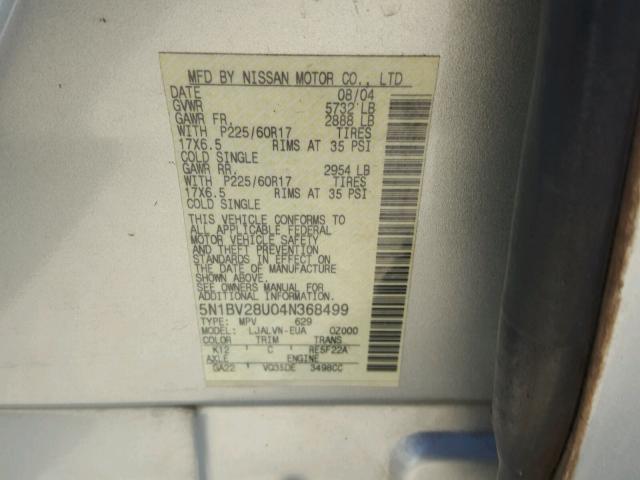 5N1BV28U04N368499 - 2004 NISSAN QUEST S SILVER photo 10