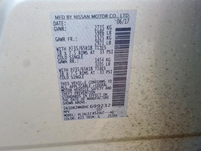 5N1DR2MN8HC699232 - 2017 NISSAN PATHFINDER SILVER photo 10