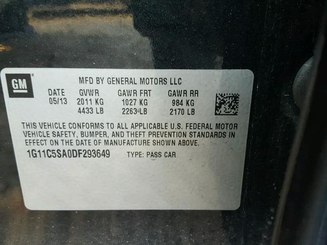 1G11C5SA0DF293649 - 2013 CHEVROLET MALIBU 1LT BLACK photo 10