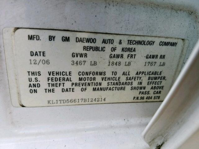 KL1TD56617B124214 - 2007 CHEVROLET AVEO BASE Ақ фото 10