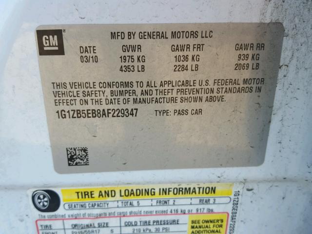 1G1ZB5EB8AF229347 - 2010 CHEVROLET MALIBU LS 白色 照片 10