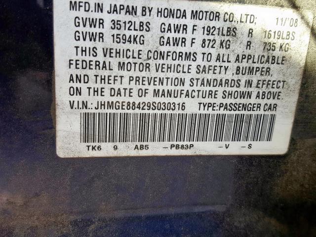 JHMGE88429S030316 - 2009 HONDA FIT SPORT BLUE photo 10