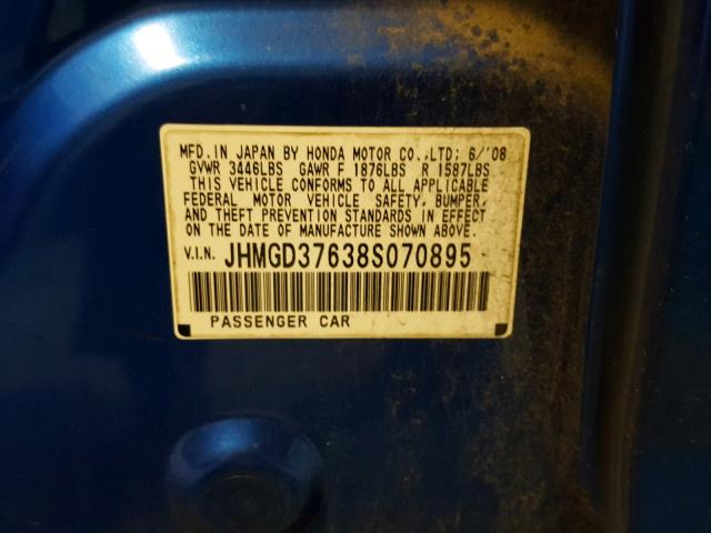 JHMGD37638S070895 - 2008 HONDA FIT SPORT BLUE photo 10