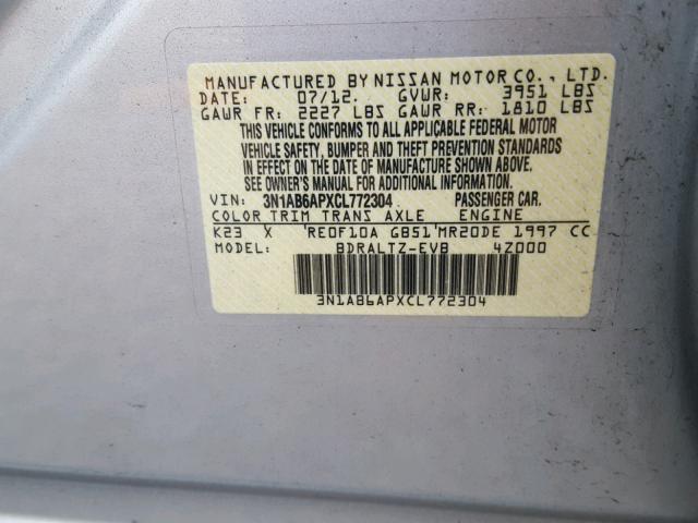 3N1AB6APXCL772304 - 2012 NISSAN SENTRA 2.0 SILVER photo 10