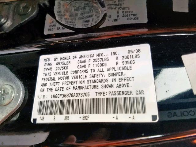 1HGCP36878A073705 - 2008 HONDA ACCORD EXL BLACK photo 10