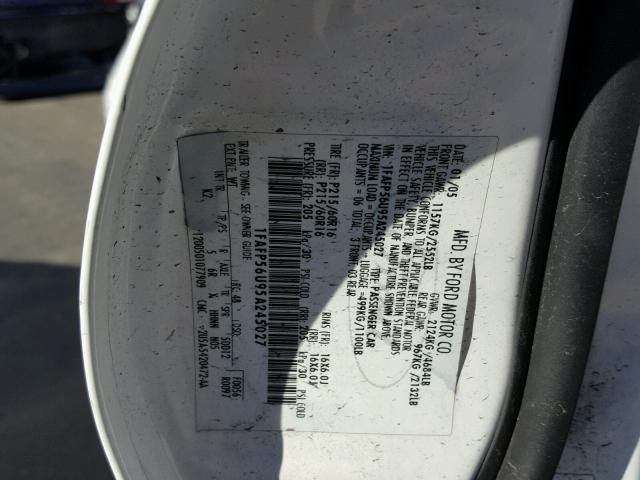 1FAFP56U95A245027 - 2005 FORD TAURUS SEL WHITE photo 10