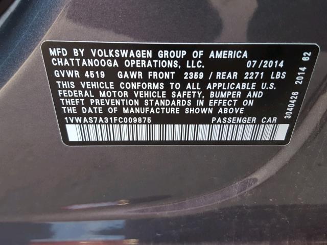 1VWAS7A31FC009875 - 2015 VOLKSWAGEN PASSAT S GRAY photo 10