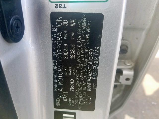 KNAFW4A35C5490299 - 2012 KIA FORTE SX SILVER photo 10