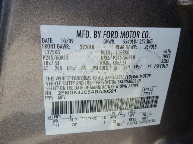 2FMDK4JC6ABA40591 - 2010 FORD EDGE SEL CHARCOAL photo 10