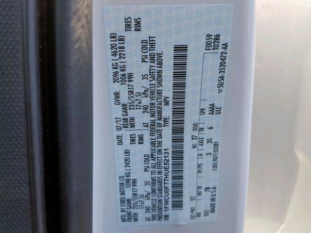 1FMCU0F77HUE52131 - 2017 FORD ESCAPE S WHITE photo 10