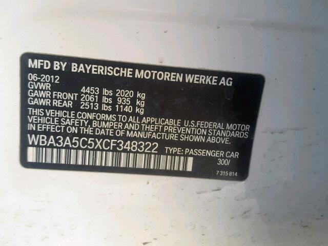 WBA3A5C5XCF348322 - 2012 BMW 328 I WHITE photo 10