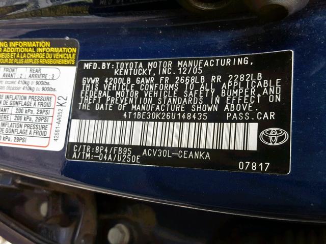 4T1BE30K26U148435 - 2006 TOYOTA CAMRY LE BLUE photo 10