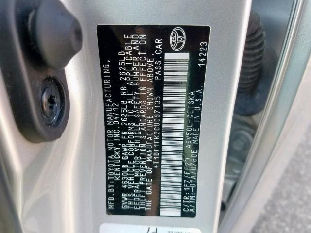 4T1BF1FK2CU097135 - 2012 TOYOTA CAMRY BASE SILVER photo 10