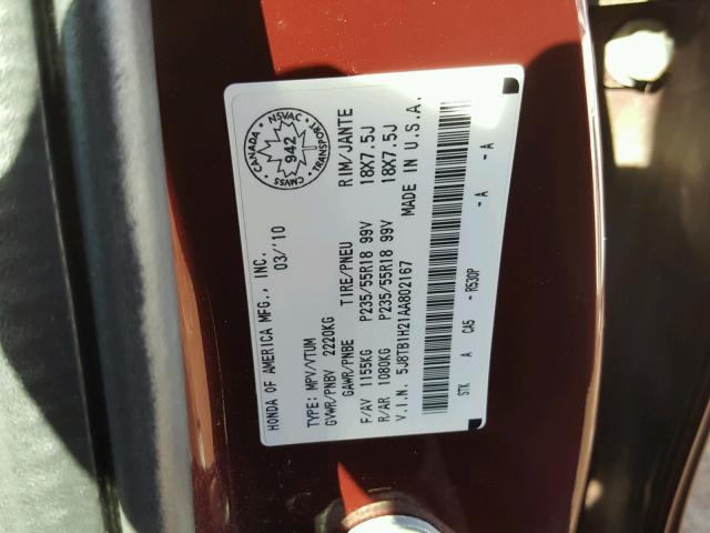 5J8TB1H21AA802167 - 2010 ACURA RDX BURGUNDY photo 10