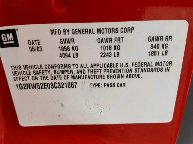 1G2NW52E03C321067 - 2003 PONTIAC GRAND AM G RED photo 10