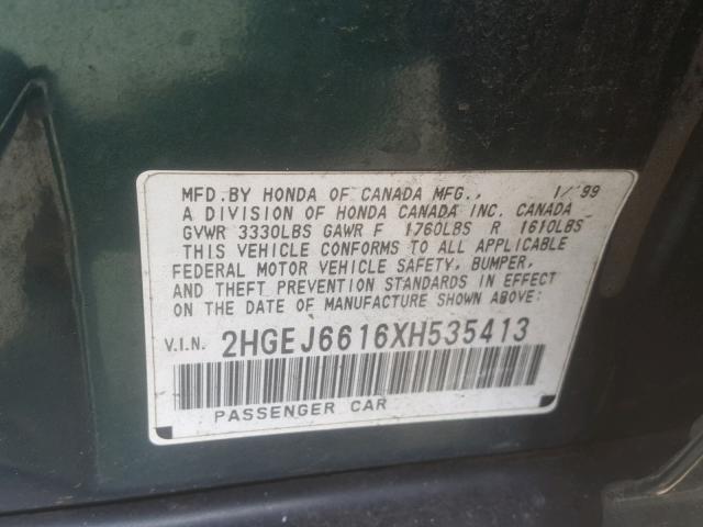 2HGEJ6616XH535413 - 1999 HONDA CIVIC BASE GREEN photo 10