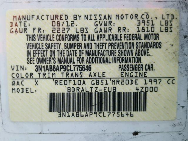 3N1AB6AP9CL775646 - 2012 NISSAN SENTRA 2.0 WHITE photo 10