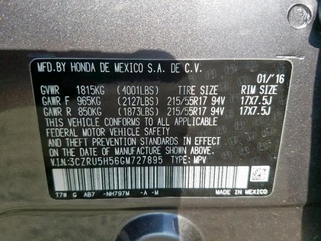 3CZRU5H56GM727895 - 2016 HONDA HR-V EX GRAY photo 10