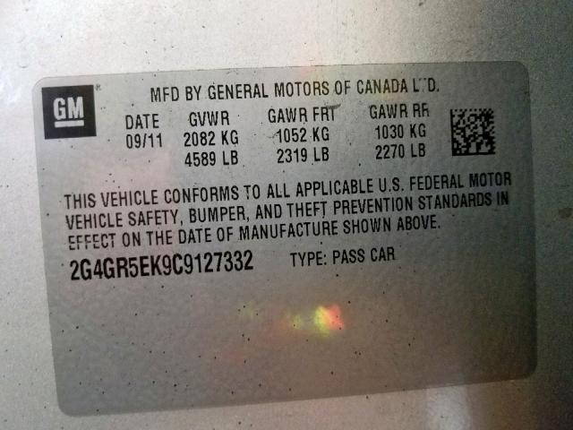 2G4GR5EK9C9127332 - 2012 BUICK REGAL SILVER photo 10