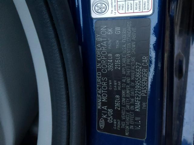 KNAFE221995586627 - 2009 KIA SPECTRA EX BLUE photo 10