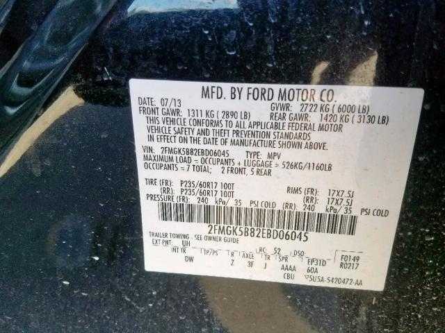 2FMGK5B82EBD06045 - 2014 FORD FLEX SE BLACK photo 10