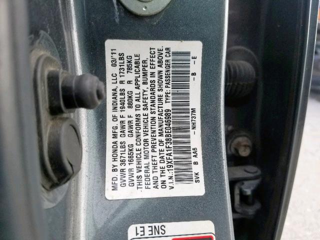 19XFA1F38BE046989 - 2011 HONDA CIVIC VP GRAY photo 10