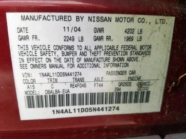 1N4AL11D05N441274 - 2005 NISSAN ALTIMA S MAROON photo 10