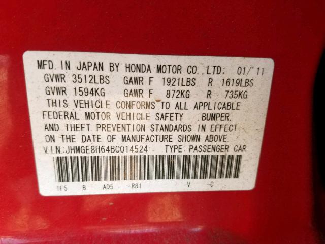 JHMGE8H64BC014524 - 2011 HONDA FIT SPORT RED photo 10