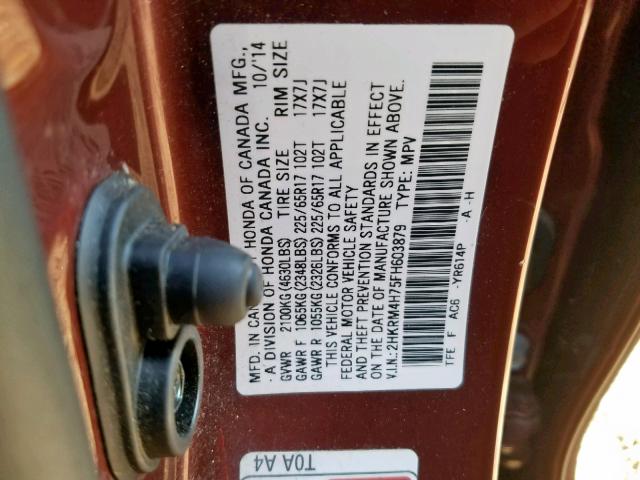 2HKRM4H75FH603879 - 2015 HONDA CR-V EXL ORANGE photo 10