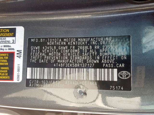 4T4BF3EK5BR137127 - 2011 TOYOTA CAMRY BASE CHARCOAL photo 10