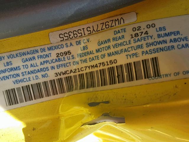 3VWCA21C7YM475150 - 2000 VOLKSWAGEN NEW BEETLE 黄色 照片 10