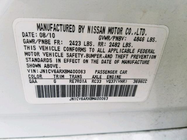 JN1CV6ARXBM400063 - 2011 INFINITI G37 WHITE photo 10