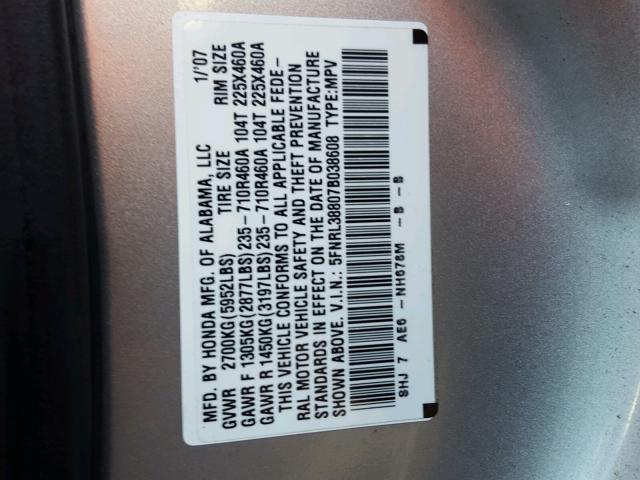 5FNRL38807B038608 - 2007 HONDA ODYSSEY TO SILVER photo 10