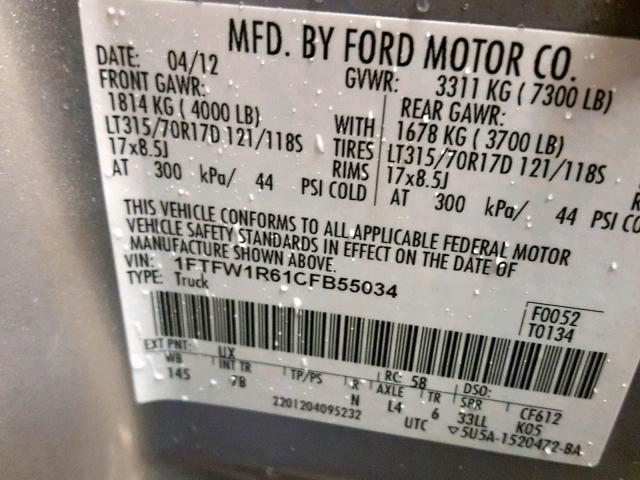 1FTFW1R61CFB55034 - 2012 FORD F150 SVT R SILVER photo 10