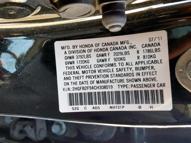 2HGFB2F94CH308019 - 2012 HONDA CIVIC EXL 黑色 照片 10