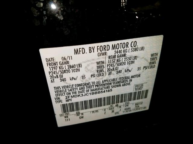 2FMDK3JC1BBB54185 - 2011 FORD EDGE SEL BLACK photo 10