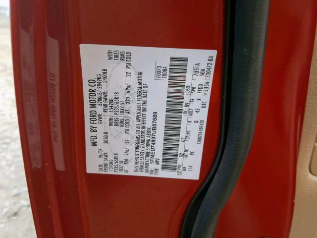 1FMEU74897UB87689 - 2007 FORD EXPLORER E RED photo 10