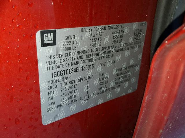 1GCGTCE34G1136016 - 2016 CHEVROLET COLORADO L RED photo 10