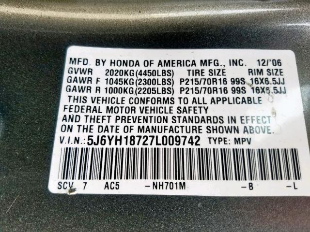 5J6YH18727L009742 - 2007 HONDA ELEMENT EX GRAY photo 10