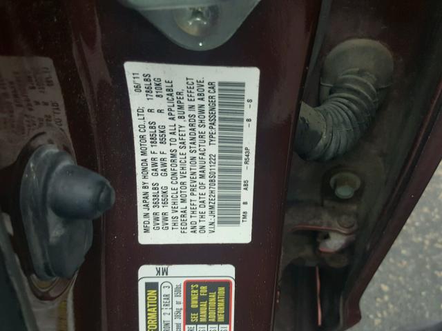 JHMZE2H70BS011222 - 2011 HONDA INSIGHT EX MAROON photo 10