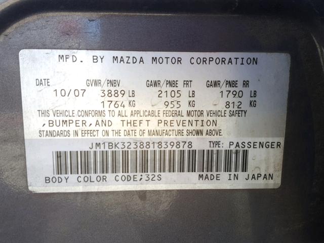 JM1BK323881839878 - 2008 MAZDA 3 S GRAY photo 10