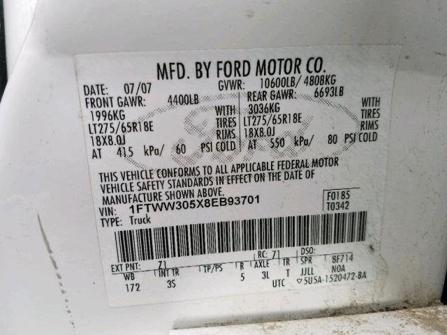 1FTWW305X8EB93701 - 2008 FORD F350 SRW S WHITE photo 10