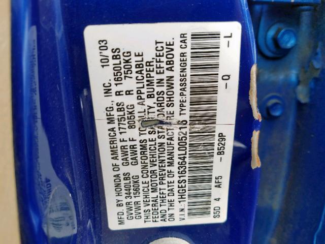 1HGES16364L005216 - 2004 HONDA CIVIC DX V BLUE photo 10